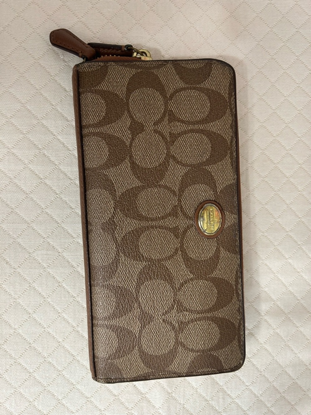 Coach Brown Signature Zip Wallet with Gold Logo